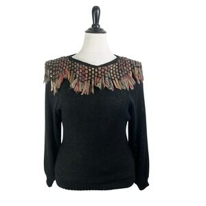 VINTAGE Ann W Black Fringe Woven SWEATER M Leather Yarn 80s Southwest Indie
